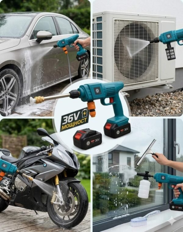 Акумулаторна водоструйка за почистване на автомобили с батерия, зарядно, куфар