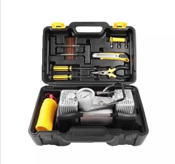 Двуцилиндров компресор за гуми с куфар с инструменти 12V