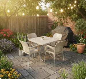 Градински комплект маса + 4 стола с метални крачета