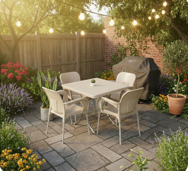 Градински комплект маса + 4 стола с метални крачета