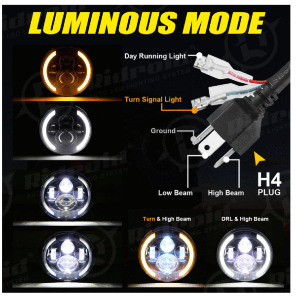 Комплект Кръгли LED фарове 7" 70W H4 букса, къси, дълги, дневни и мигач