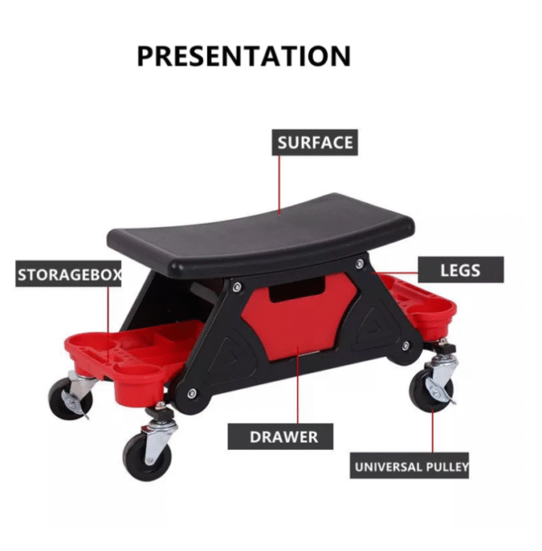 Седалка за механик, пластмаса, 136 кг, 3 тави за съхранение, червена