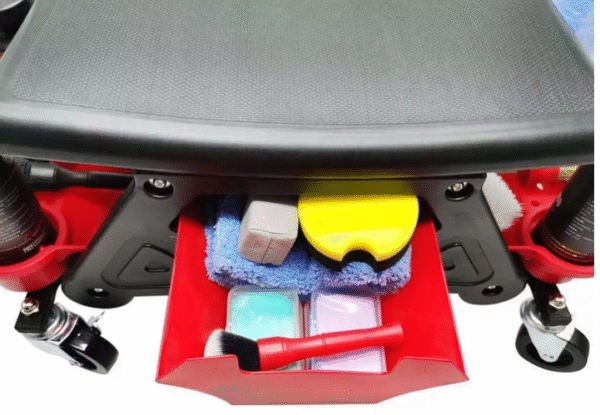 Седалка за механик, пластмаса, 136 кг, 3 тави за съхранение, червена