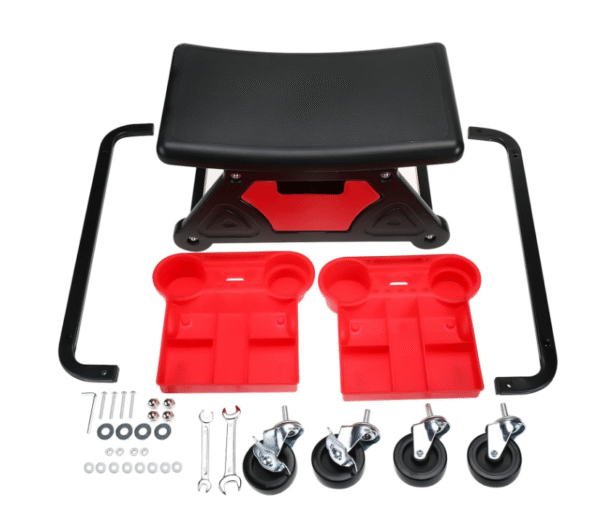 Седалка за механик, пластмаса, 136 кг, 3 тави за съхранение, червена