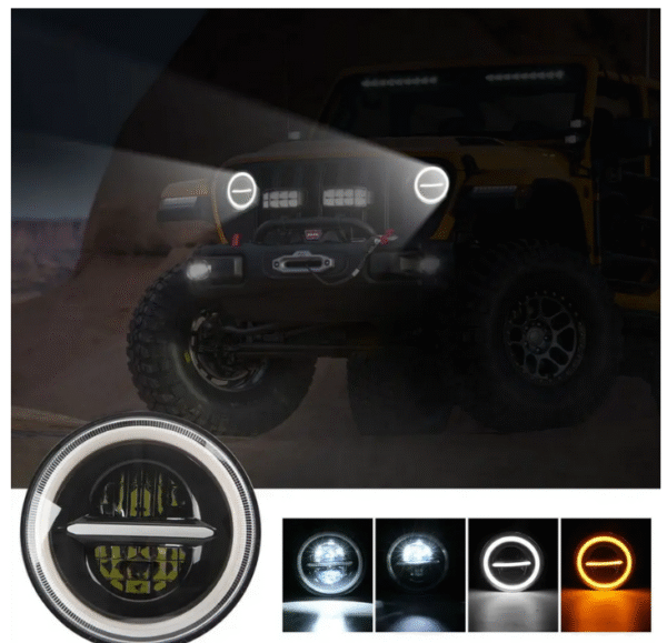 q`1 Комплект Кръгли LED фарове 7″ 70W H4 букса, къси, дълги, дневни и мигач