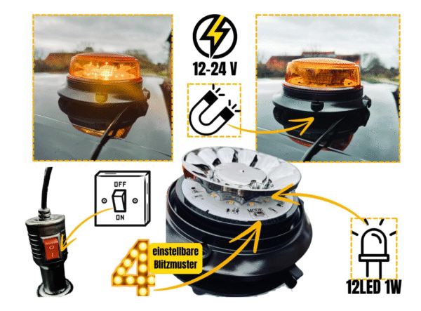 Аварийна лампа с магнит за автомобили Камиони Трактор 12 / 24V - ECE R65 R10 E9