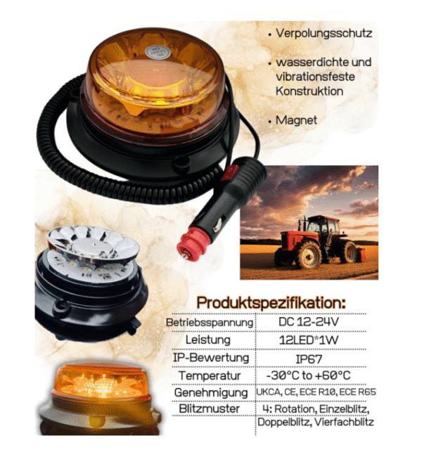 Аварийна лампа с магнит за автомобили Камиони Трактор 12 / 24V - ECE R65 R10 E9