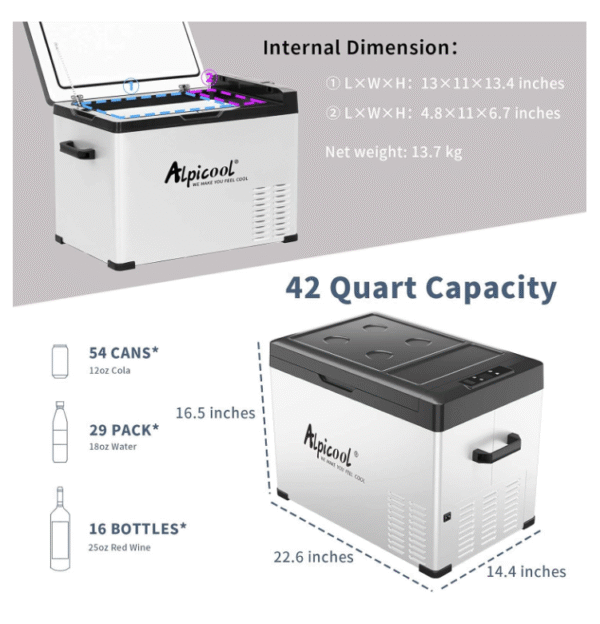 AlpiCool 40L Портативен Компресорен хладилник 40 литра 12V 24V 220V, Хладилна Кутия, Фризер