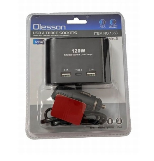 Разклонител за запалка 3-ка + 2 USB + C-Type
