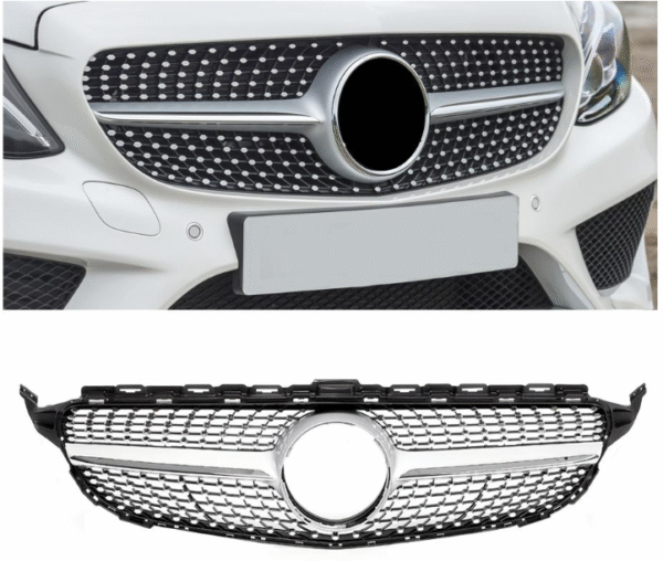 Хром/сива диамантена решетка за Mercedes C класа W205 седан, S205 комби, C205 купе 2014-2018 с отвор за камера