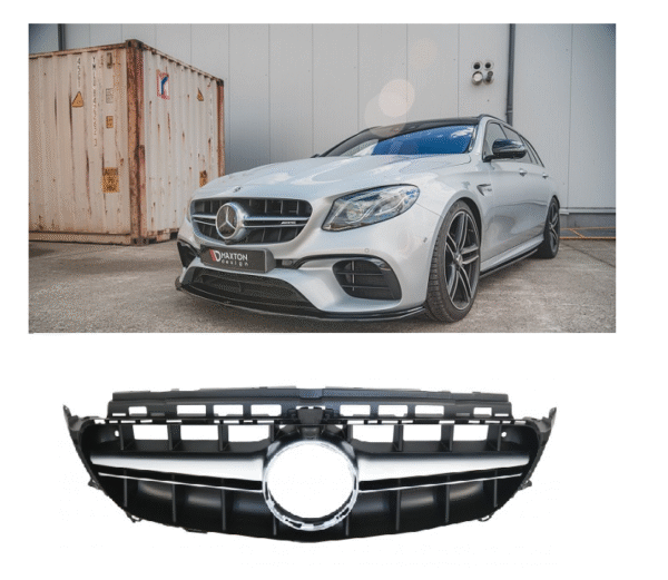 Хром / Черен лак решетка тип E63 AMG за Mercedes E класа W213 седан, S213 комби, C238 купе, А238 кабрио 2016-2019 с отвор за камера
