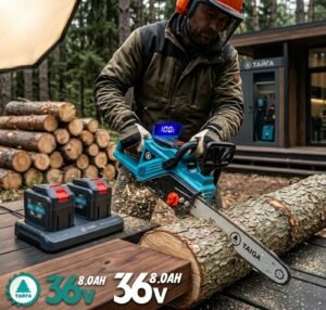 Акумулаторна Резачка за дърва 40см. ТАЙГА с 2броя ДВОЙНИ батирии , 2 вериги, 2 шини индикатор на батерия с дисплей
