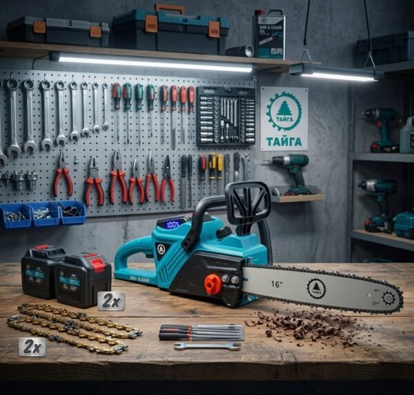 рез1 Акумулаторна Резачка за дърва 40см. ТАЙГА с 2броя ДВОЙНИ батирии , 2 вериги, 2 шини индикатор на батерия с дисплей