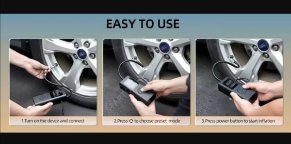 e1 Преносим въздушен компресор за автомобилни гуми, безжична помпа за гуми 150 PSI, 12V DC кабелна батерия за напомпване/зареждане.