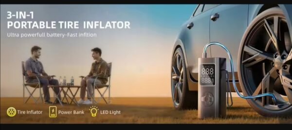 e10 Преносим въздушен компресор за автомобилни гуми, безжична помпа за гуми 150 PSI, 12V DC кабелна батерия за напомпване/зареждане.