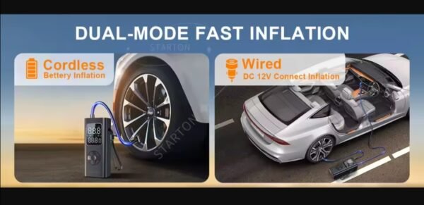 e11 Преносим въздушен компресор за автомобилни гуми, безжична помпа за гуми 150 PSI, 12V DC кабелна батерия за напомпване/зареждане.