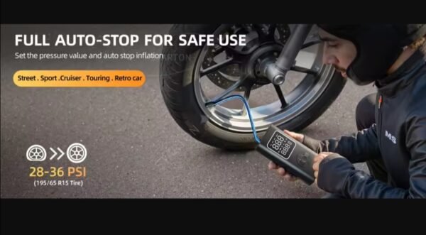 e2 Преносим въздушен компресор за автомобилни гуми, безжична помпа за гуми 150 PSI, 12V DC кабелна батерия за напомпване/зареждане.