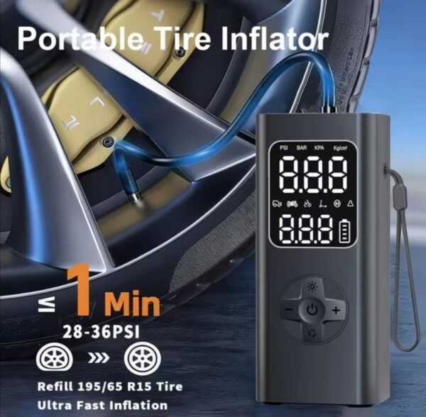 e3 Преносим въздушен компресор за автомобилни гуми, безжична помпа за гуми 150 PSI, 12V DC кабелна батерия за напомпване/зареждане.