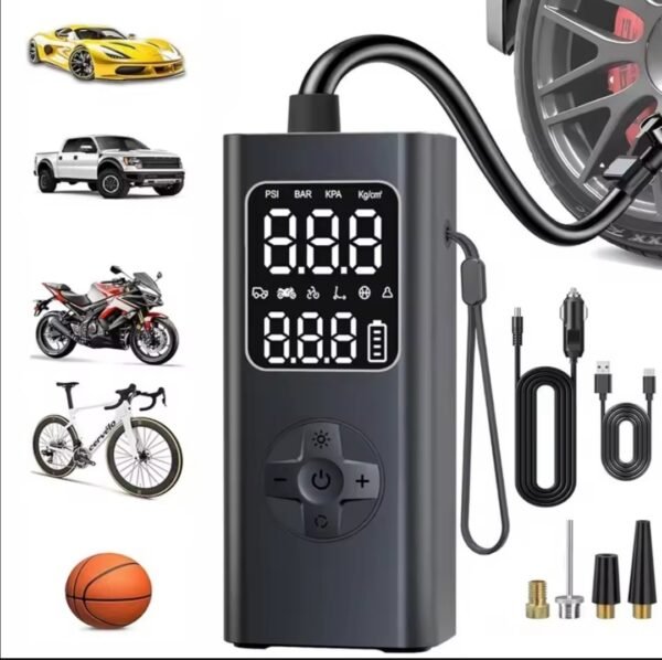 e5 Преносим въздушен компресор за автомобилни гуми, безжична помпа за гуми 150 PSI, 12V DC кабелна батерия за напомпване/зареждане.