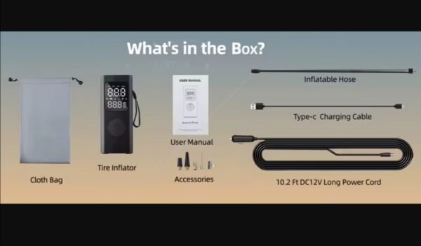 e7 Преносим въздушен компресор за автомобилни гуми, безжична помпа за гуми 150 PSI, 12V DC кабелна батерия за напомпване/зареждане.