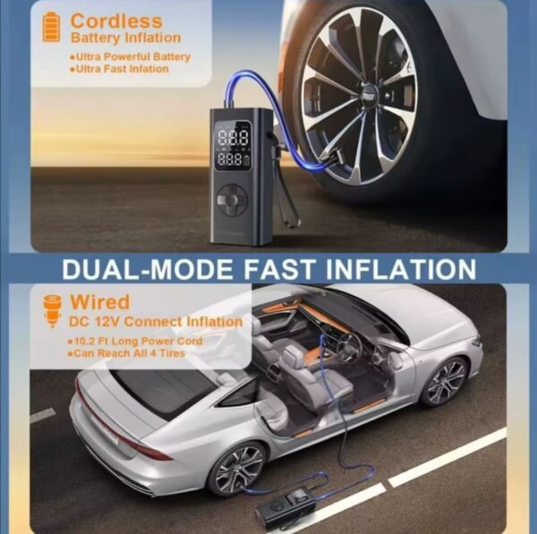 e8 Преносим въздушен компресор за автомобилни гуми, безжична помпа за гуми 150 PSI, 12V DC кабелна батерия за напомпване/зареждане.