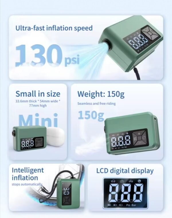 CC108 Преносима цифрова помпа за гуми за шосейни велосипеди, аксесоари, манометър за гуми с USB зареждане, мини помпа за електрически велосипеди