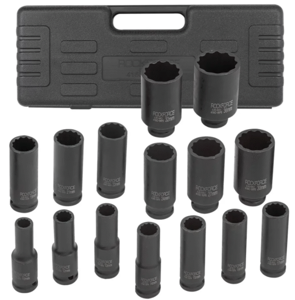 е3 КОМПЛЕКТ ДЪЛБОКИ УДАРНИ ВЛОЖКИ 12-СТЕННИ 1/2″ (10 – 36 мм) 15 ЧАСТИ ROCKFORCE