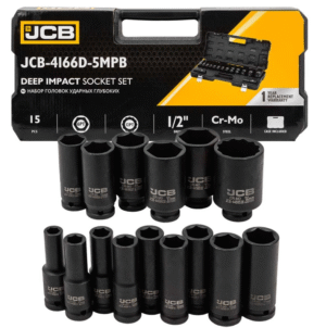 КОМПЛЕКТ ДЪЛБОКИ УДАРНИ ВЛОЖКИ 6-СТЕННИ 1/2″ (10 – 36 мм) 15 ЧАСТИ JCB
