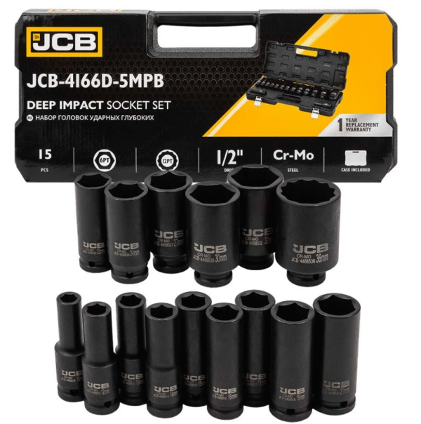 е4 КОМПЛЕКТ ДЪЛБОКИ УДАРНИ ВЛОЖКИ 6-СТЕННИ 1/2″ (10 – 36 мм) 15 ЧАСТИ JCB