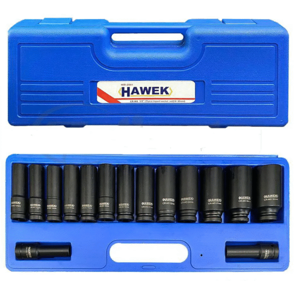 й8 УДАРНИ ВЛОЖКИ 1/2″ УДЪЛЖЕНИ 6-СТЕННИ(10 – 32 ММ) 15 ЧАСТИ HAWEK
