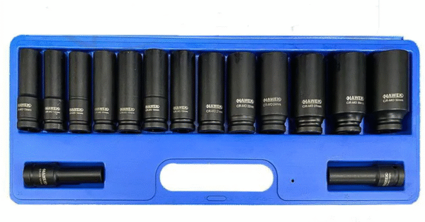 й9 УДАРНИ ВЛОЖКИ 1/2″ УДЪЛЖЕНИ 6-СТЕННИ(10 – 32 ММ) 15 ЧАСТИ HAWEK