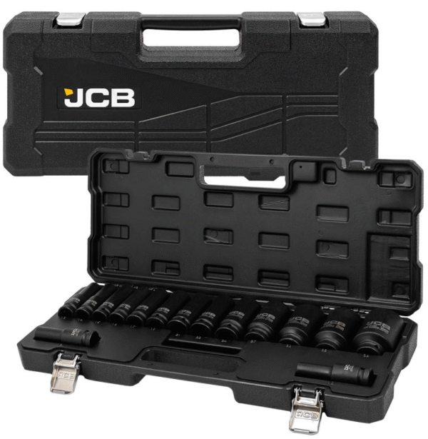 КОМПЛЕКТ ДЪЛБОКИ УДАРНИ ВЛОЖКИ 12-СТЕННИ 1/2″ (10 – 36 мм) 15 ЧАСТИ JCB