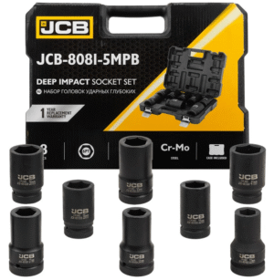 КОМПЛЕКТ ДЪЛБОКИ УДАРНИ ВЛОЖКИ 6-СТЕННИ 1″ (22 – 41 ММ) 8 ЧАСТИ JCB