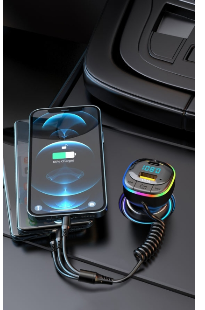 FM Трансмитер с 1 USB порт и 1 Type-c порт + кабели за зареждане