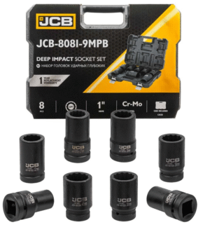КОМПЛЕКТ ДЪЛБОКИ УДАРНИ ВЛОЖКИ 12-СТЕННИ 1″ (22 – 41 ММ) 8 ЧАСТИ JCB