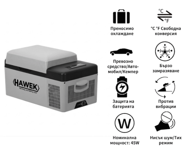 ПОРТАТИВЕН КОМПРЕСОРЕН ХЛАДИЛНИК HAWEK 20L – 12V / 24V / 220V
