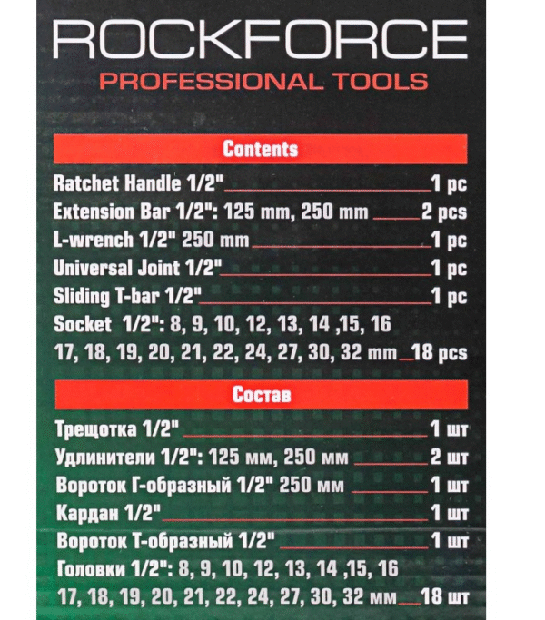 ГЕДОРЕ С УДАРНИ ВЛОЖКИ 24 ЧАСТИ 1/2 ДО 32 ММ ROCKFORCE
